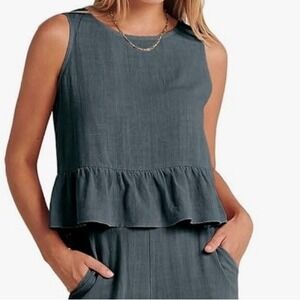 ANRABESS Ruffle Button Back Accent Linen Blend Cropped Top NWT‎ Size Large